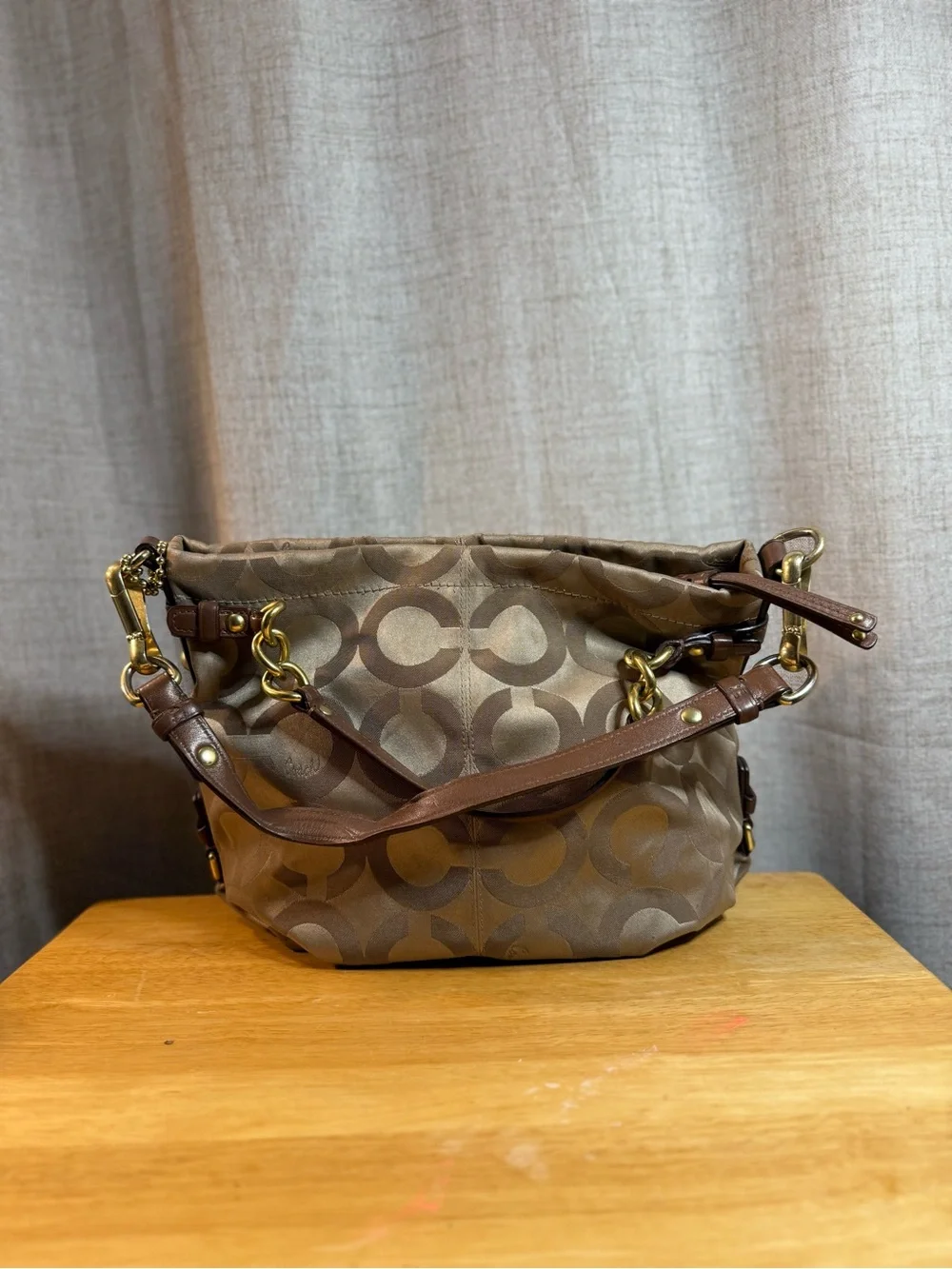Coach Brown Khaki Signature Shoulder Bag with Leather Trim